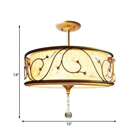 Golden 3-Light Semi Flush Lamp - Traditional Metal Ceiling Light With Crystal Element 14’/16’ Dia