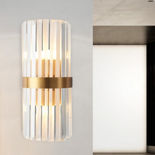 Contemporary Cylinder Sconce Light: Dual Head Gold Wall Mounted Fixture With Crystal Rod Accent