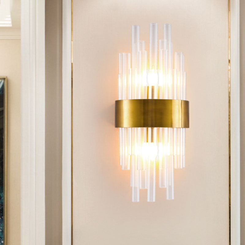 Postmodern Gold Wall Sconce With Fluted Crystal Shade - 2 Head Bedroom Mount Light