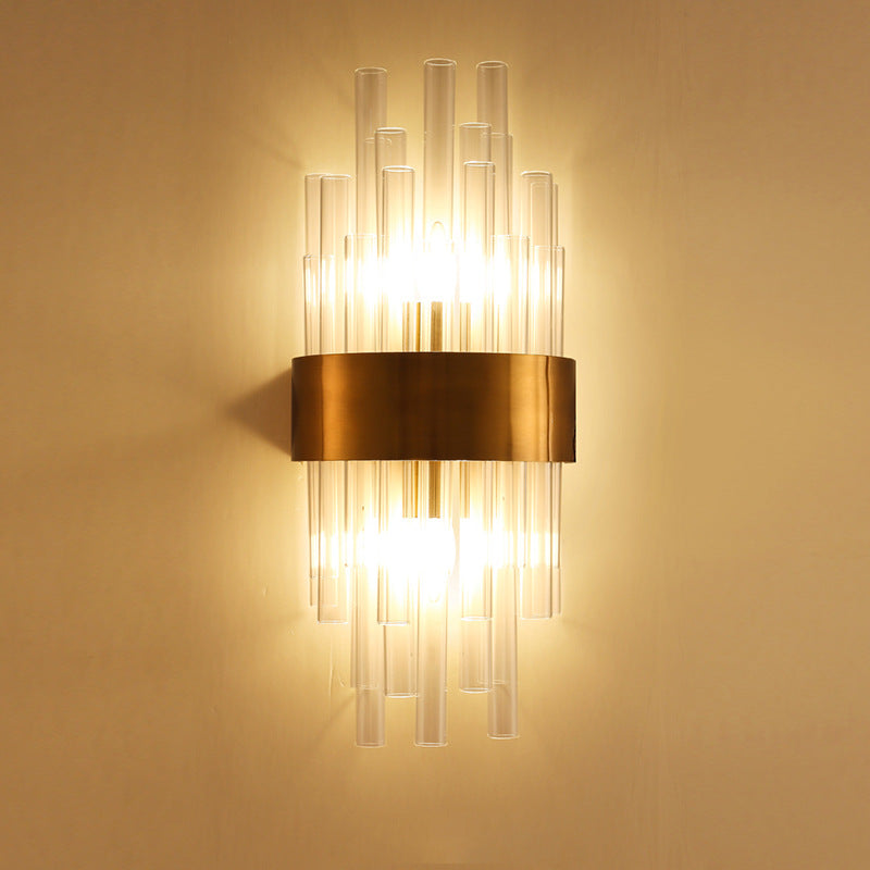 Postmodern Gold Wall Sconce With Fluted Crystal Shade - 2 Head Bedroom Mount Light