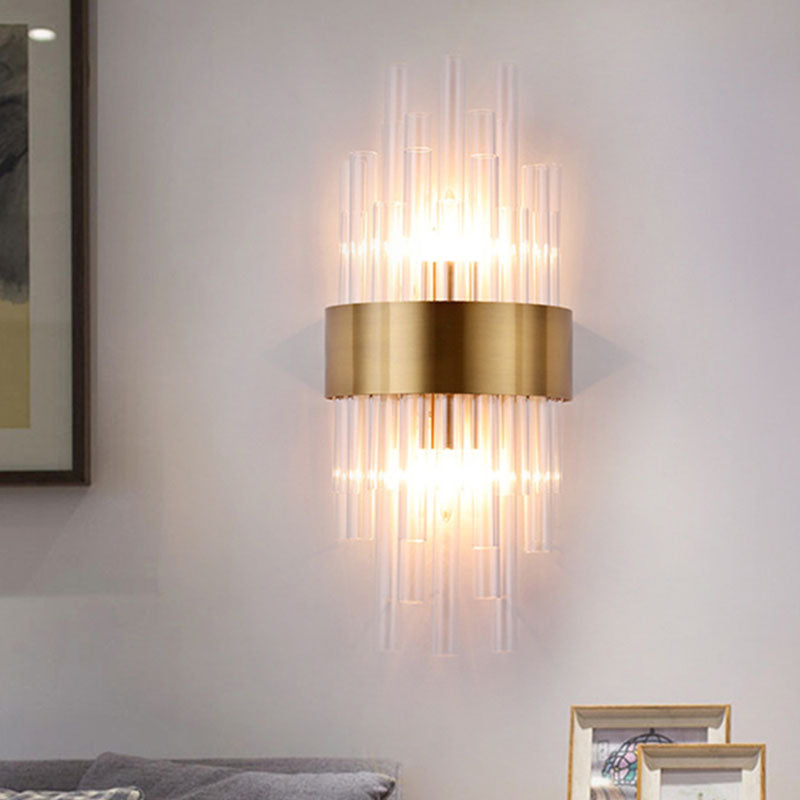 Postmodern Gold Wall Sconce With Fluted Crystal Shade - 2 Head Bedroom Mount Light