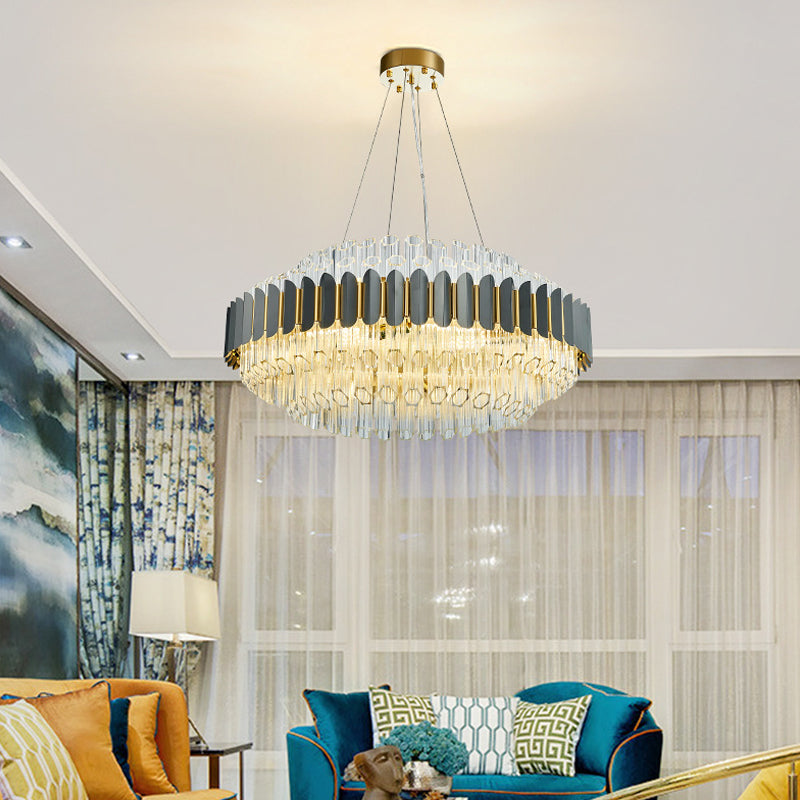 Modern Grey Tubular Chandelier: 12-Light Prismatic Crystal Pendant Ceiling Lamp