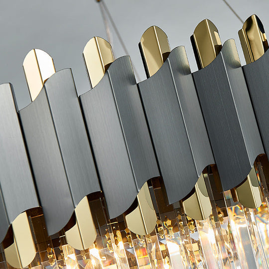 Contemporary Living Room Pendant Light - Grey Crystal Oblong Layered Chandelier (8/12-Light)