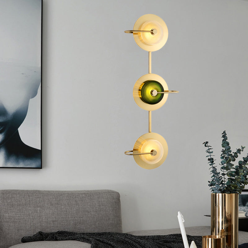 Vintage Bell Metal Wall Lighting Sconce In Gold With Green Prismatic Glass Shade