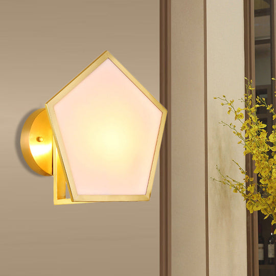 Geometric Wall Lamp With Opaline Glass In Gold Finish - Bedroom Lighting