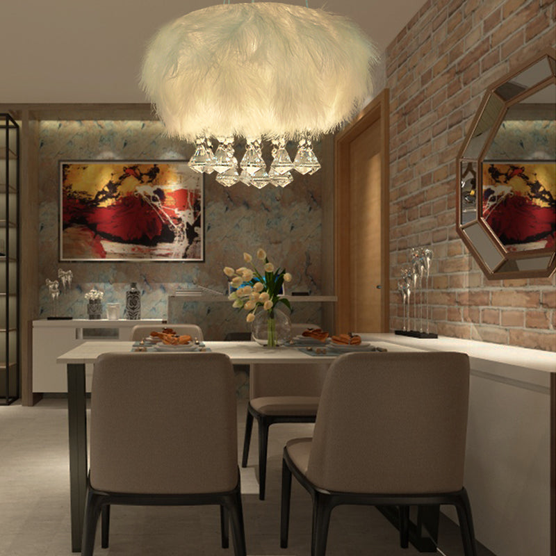 Minimal White Round Ceiling Lamp: Single Light Fluff Pendant With Crystal Droplet