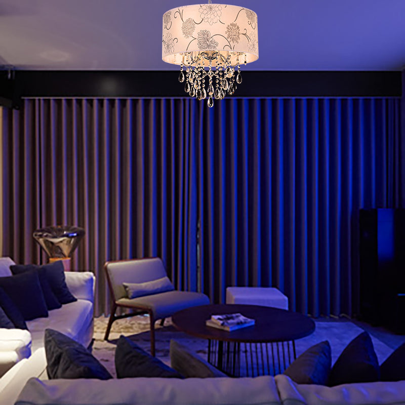 Vintage Crystal 5-Light Chandelier With Flower Pattern - Printing Fabric Shade Pendant Light In