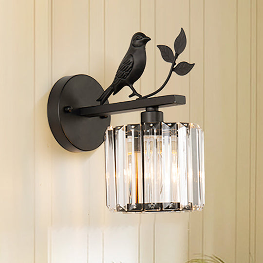 Contemporary Wall Sconce With K9 Crystal Cylinder Bird Accent And Black/Gold Finish