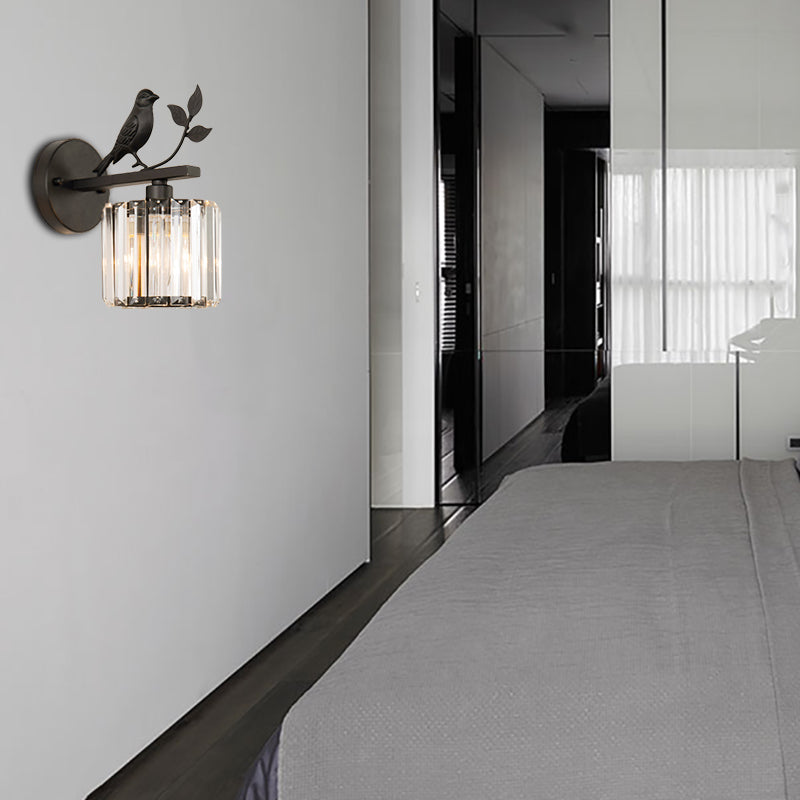 Contemporary Wall Sconce With K9 Crystal Cylinder Bird Accent And Black/Gold Finish
