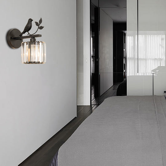 Contemporary Wall Sconce With K9 Crystal Cylinder Bird Accent And Black/Gold Finish
