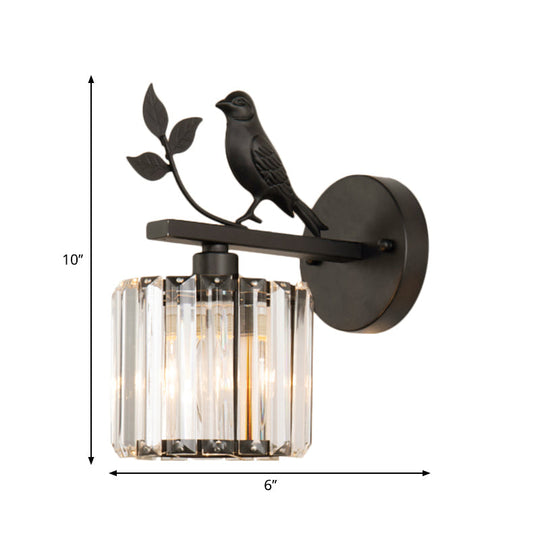 Contemporary Wall Sconce With K9 Crystal Cylinder Bird Accent And Black/Gold Finish