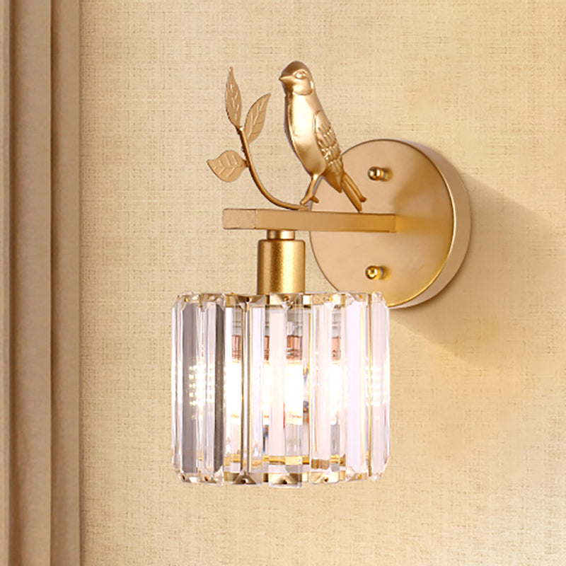 Contemporary Wall Sconce With K9 Crystal Cylinder Bird Accent And Black/Gold Finish Gold