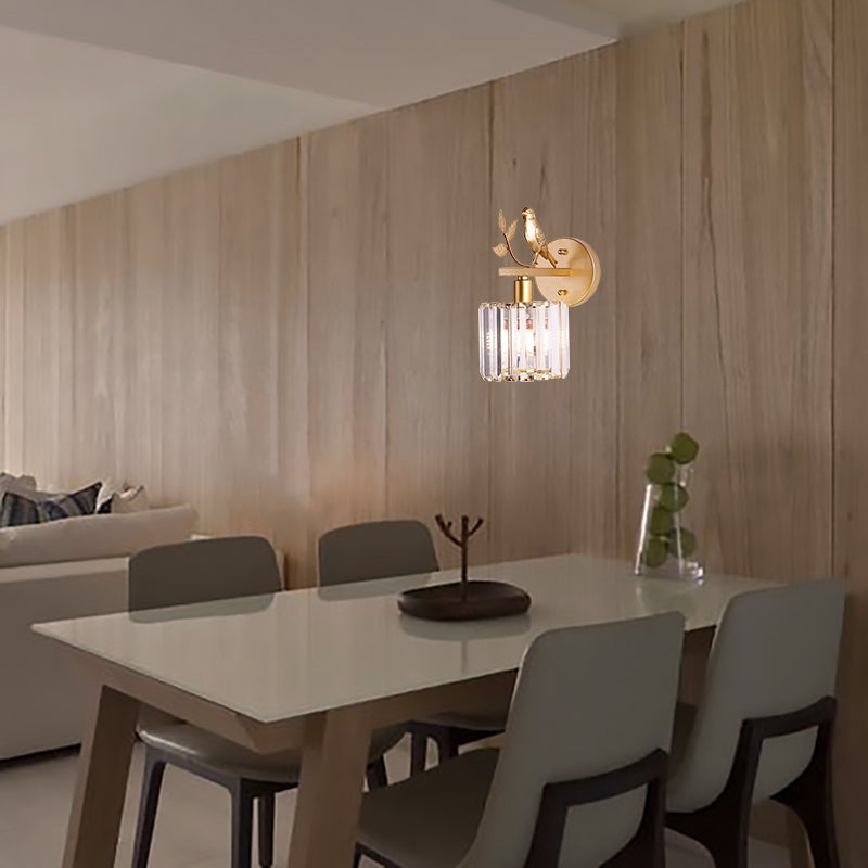 Contemporary Wall Sconce With K9 Crystal Cylinder Bird Accent And Black/Gold Finish