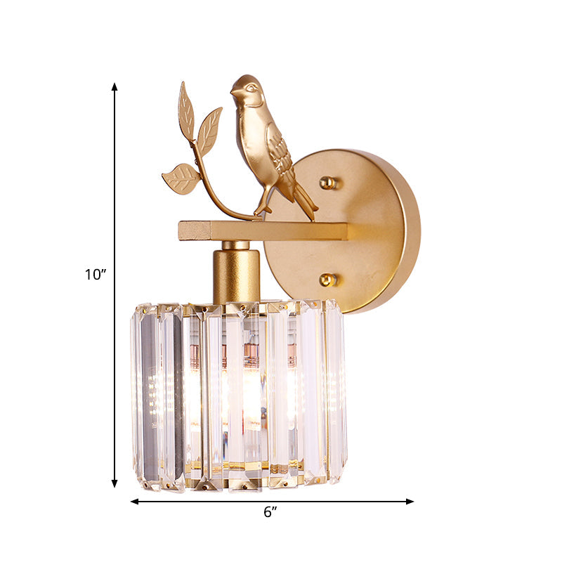 Contemporary Wall Sconce With K9 Crystal Cylinder Bird Accent And Black/Gold Finish