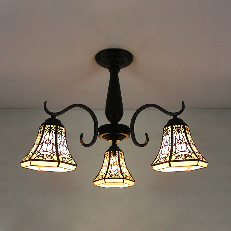 Rustic Stained Glass Ceiling Light Fixture With Geometric Semi Flush Design – 3 Heads