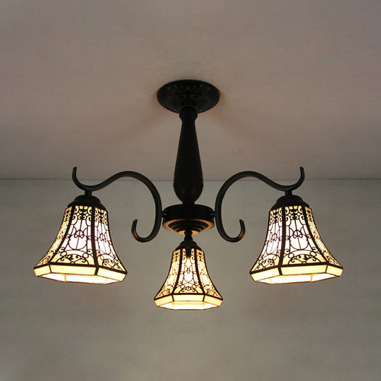 Rustic Stained Glass Ceiling Light Fixture With Geometric Semi Flush Design – 3 Heads