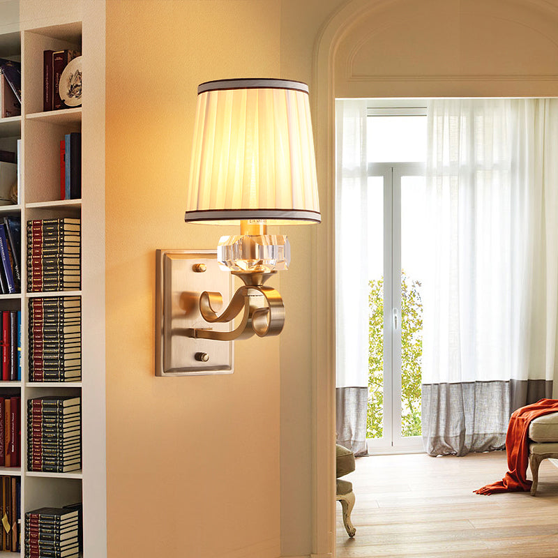 Modern Brass/Black Wall Mount Light With Cone Shade - Contemporary Fabric Sconce