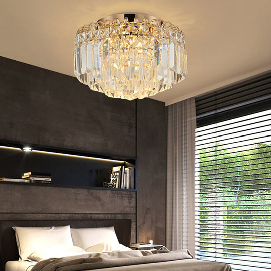 16’/19.5’ Width Crystal Prism Flush Mount Led Ceiling Fixture In Brass With Modern Round Shade
