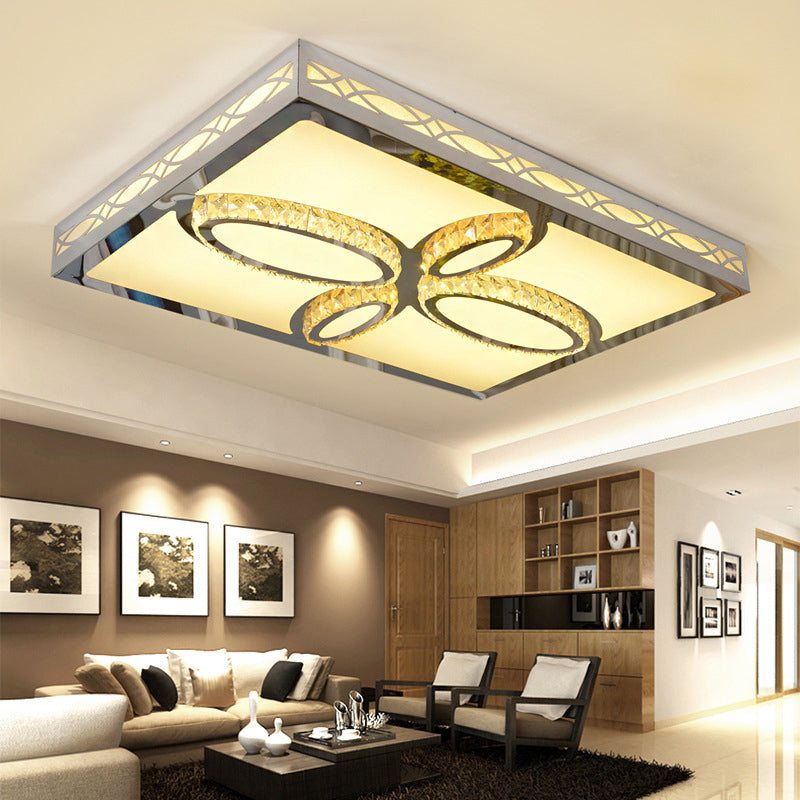 Contemporary White Led Ceiling Mount Flush Light Fixture For Living Room With Crystal Deco -