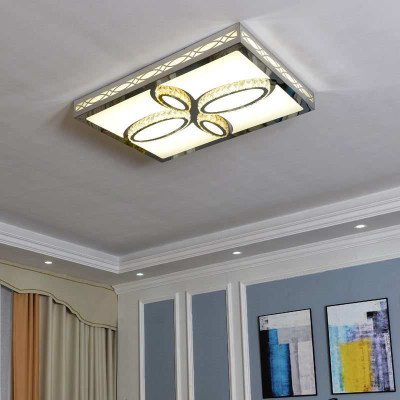 Contemporary White Led Ceiling Mount Flush Light Fixture For Living Room With Crystal Deco -