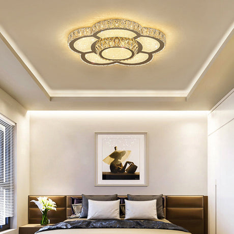 Modern White Clear Crystal Glass Flower Flush Mount Led Ceiling Light - 14/18/23.5 Warm/White Remote