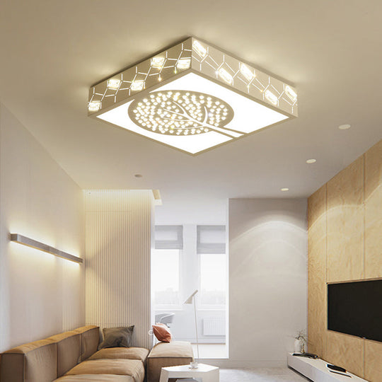 Simple Crystal Led Flush Mount Fixture - White Tree Design With Warm/White/3 Color Lighting For