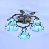 Tiffany Stained Glass Ceiling Light Fixture: Conic Shape Beige/Blue With Leaf Decoration - 3 Lights