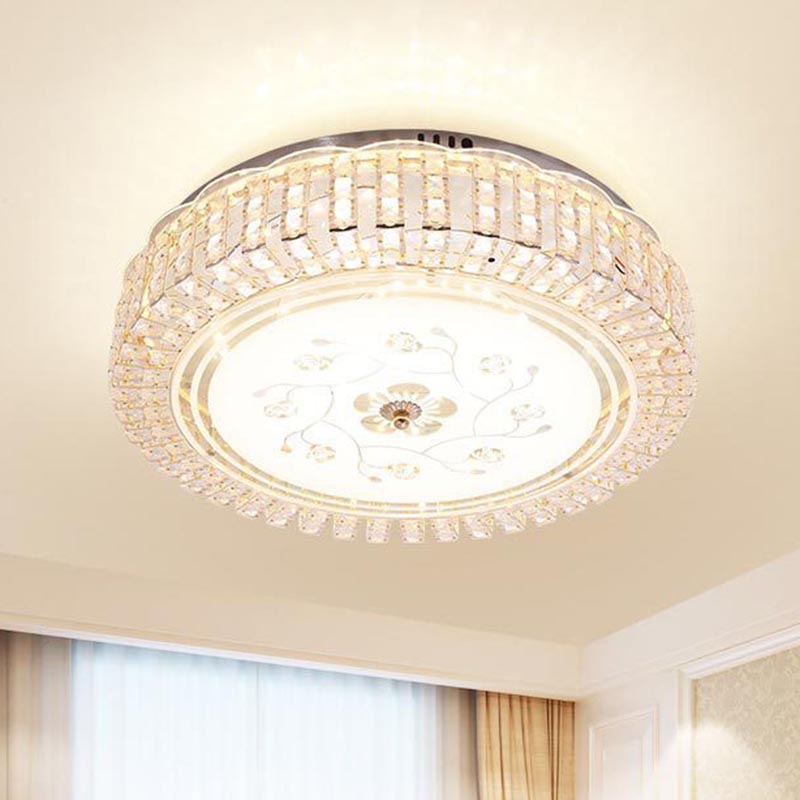 Modern K9 Crystal Flush Mount Led Ceiling Light Fixture White Drum 12’/16’/19.5’ Wide