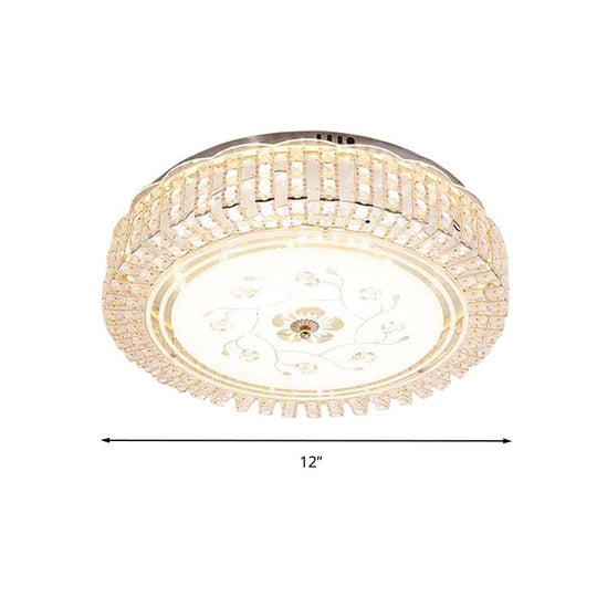 Modern K9 Crystal Flush Mount Led Ceiling Light Fixture White Drum 12/16/19.5 Wide