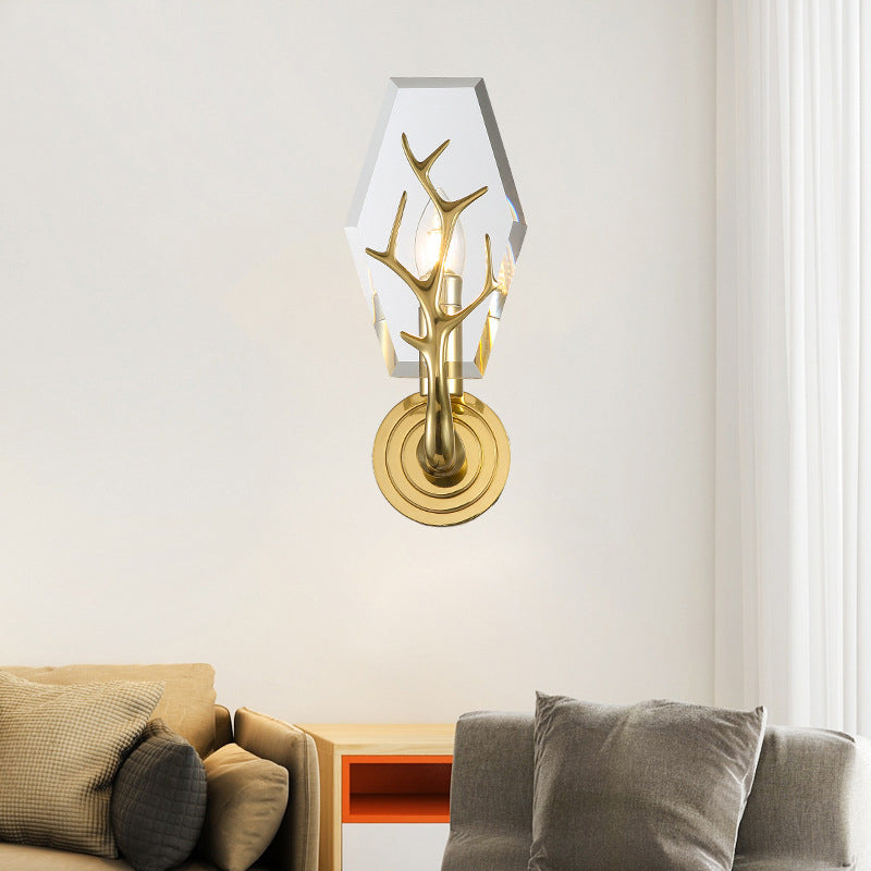 Modern Crystal Panel Sconce Light Fixture - Clear 1-Light Wall Mounted Lamp With Antler Deco
