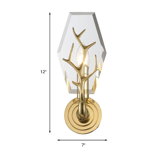 Modern Crystal Panel Sconce Light Fixture - Clear 1-Light Wall Mounted Lamp With Antler Deco