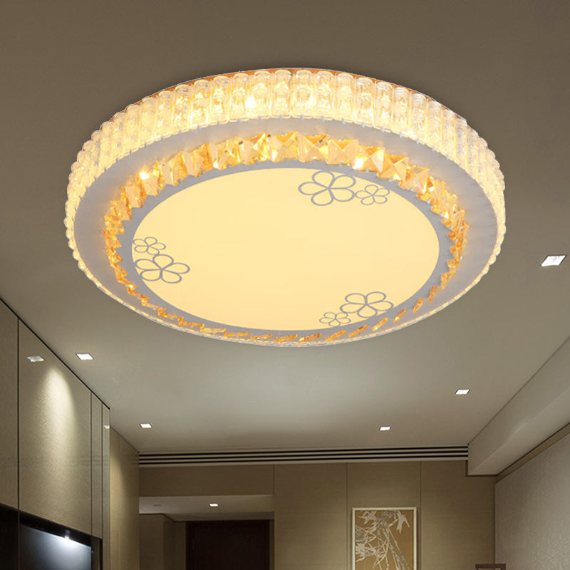 White Crystal Led Flush Mount Lamp With Flower Pattern - Elegant Bedroom Lighting