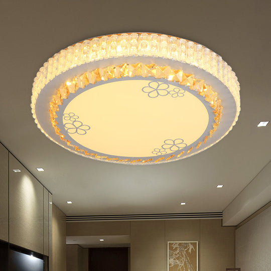 White Crystal Led Flush Mount Lamp With Flower Pattern - Elegant Bedroom Lighting