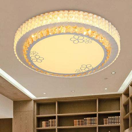 White Crystal Led Flush Mount Lamp With Flower Pattern - Elegant Bedroom Lighting