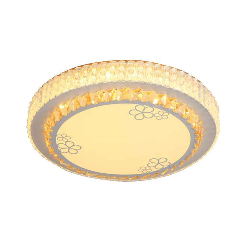 White Crystal Led Flush Mount Lamp With Flower Pattern - Elegant Bedroom Lighting