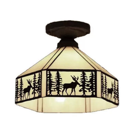 Geometric Semi Flush Ceiling Light With Art Glass Shade And Deer Pattern In Beige - Ideal For