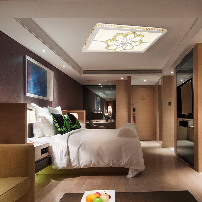 Contemporary Crystal Rectangle Ceiling Flush Mount With White Led Lighting For Living Room - Flower