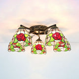 Tiffany Stained Glass Ceiling Light With 5 Scalloped Heads In Antique Bronze - Perfect For Bedroom /