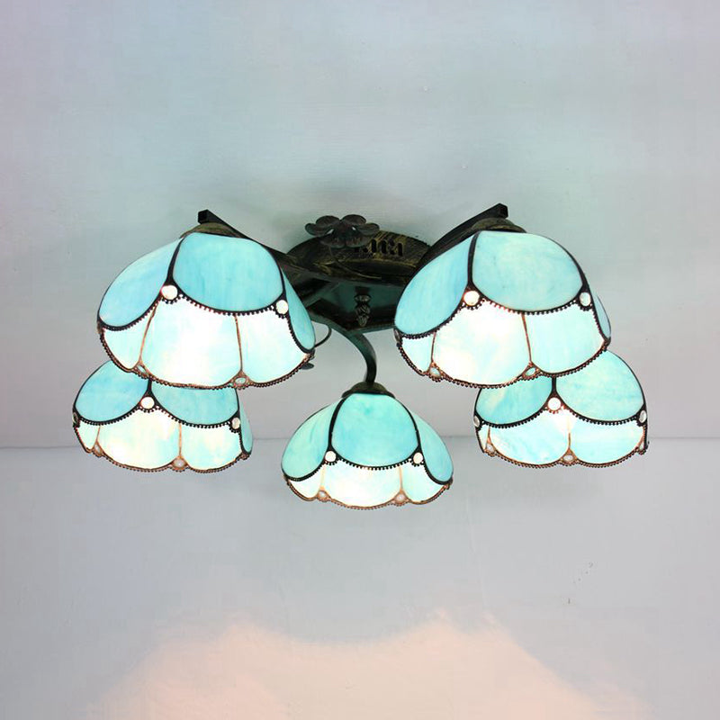 Tiffany Stained Glass Ceiling Light With 5 Scalloped Heads In Antique Bronze - Perfect For Bedroom