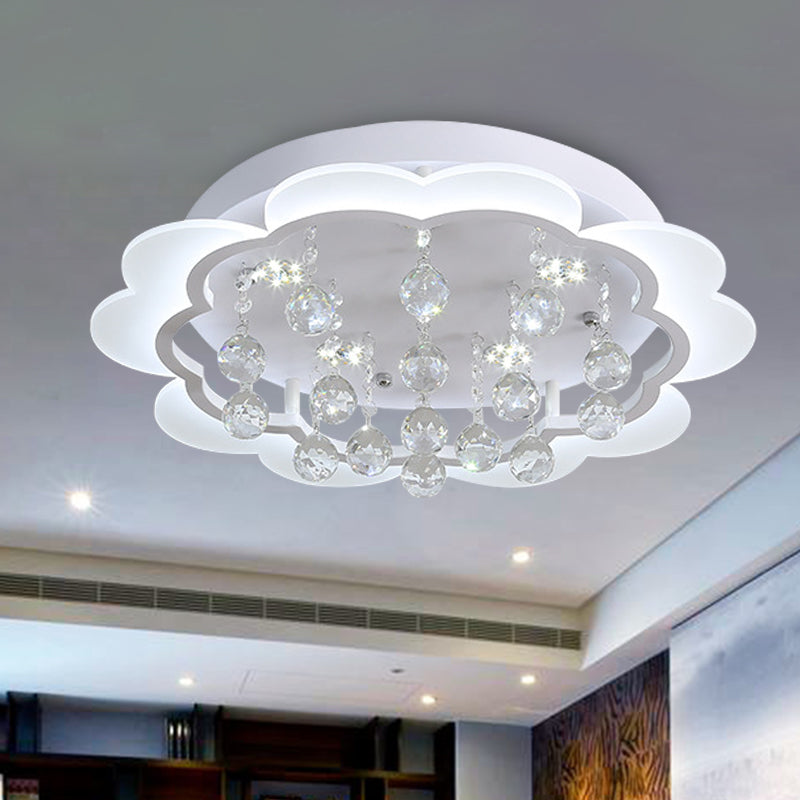 Modern Crystal Ball Flush Mount Light - White Flower Design 22/25.5/31.5 Wide Led Ceiling With