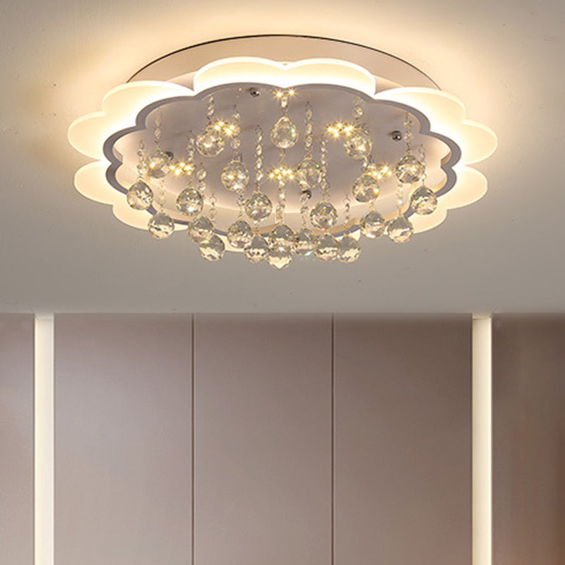 Modern Crystal Ball Flush Mount Light - White Flower Design 22’/25.5’/31.5’ Wide Led Ceiling