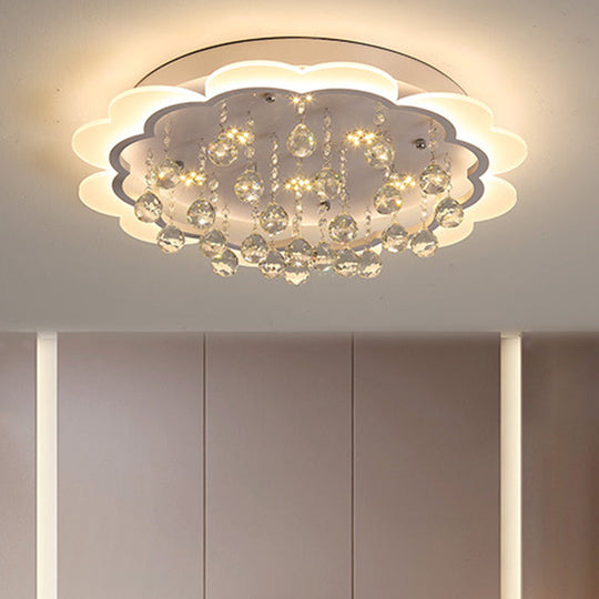 Modern Crystal Ball Flush Mount Light - White Flower Design 22’/25.5’/31.5’ Wide Led Ceiling
