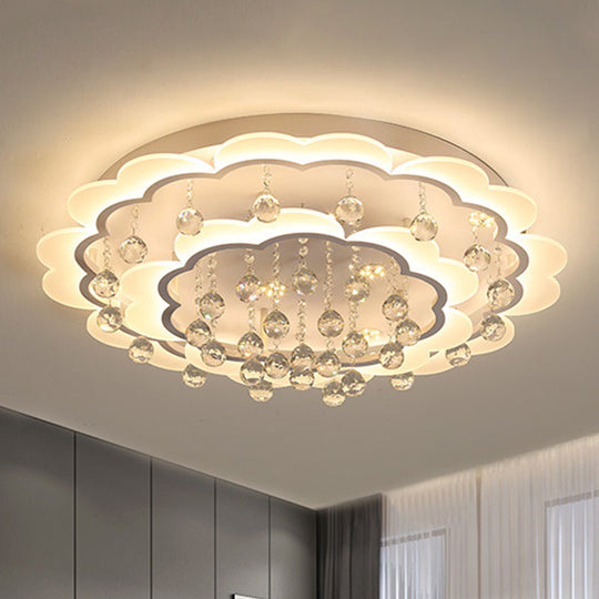 Modern Crystal Ball Flush Mount Light - White Flower Design 22/25.5/31.5 Wide Led Ceiling With