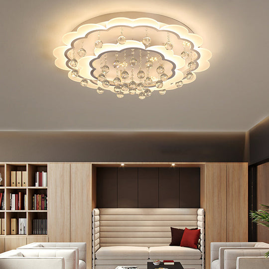 Modern Crystal Ball Flush Mount Light - White Flower Design 22/25.5/31.5 Wide Led Ceiling With