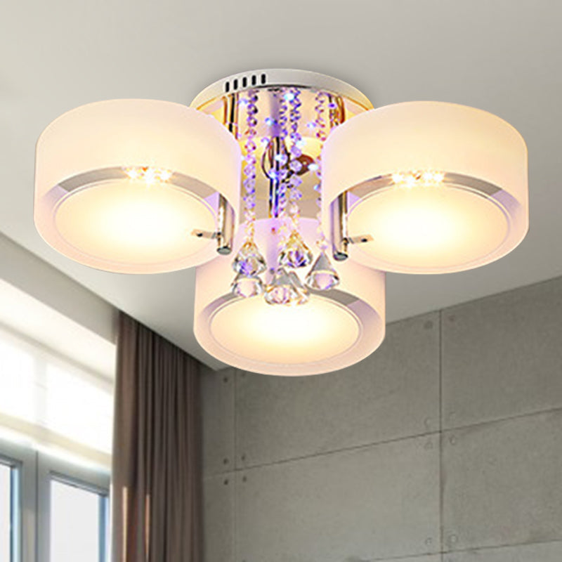 Modern Drum Flush Mount With Frosted Glass & Crystal Drop - 3/5/6 Head White Ceiling Light
