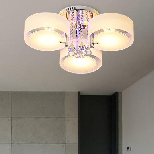 Modern Drum Flush Mount With Frosted Glass & Crystal Drop - 3/5/6 Head White Ceiling Light