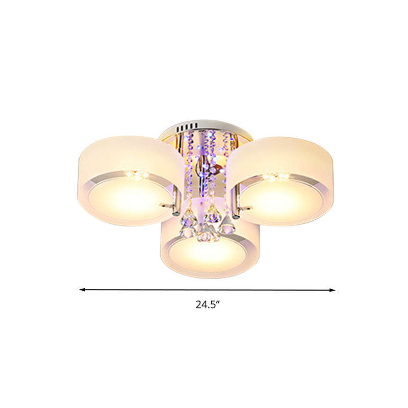 Modern Drum Flush Mount With Frosted Glass & Crystal Drop - 3/5/6 Head White Ceiling Light