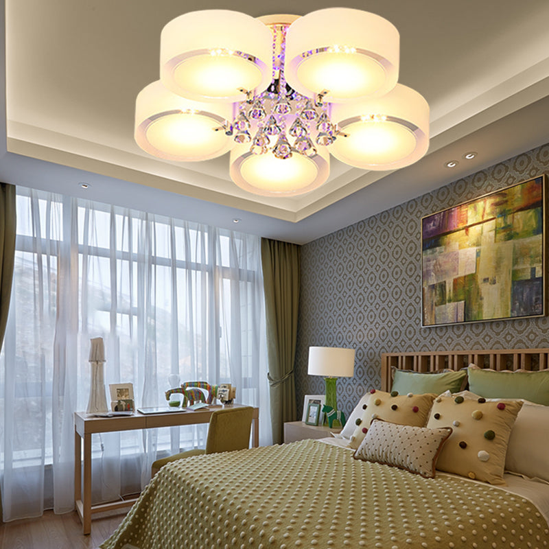 Modern Drum Flush Mount With Frosted Glass & Crystal Drop - 3/5/6 Head White Ceiling Light