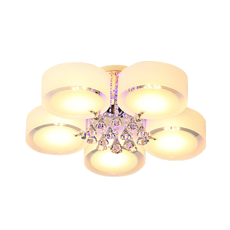 Modern Drum Flush Mount With Frosted Glass & Crystal Drop - 3/5/6 Head White Ceiling Light