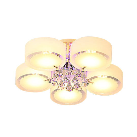 Modern Drum Flush Mount With Frosted Glass & Crystal Drop - 3/5/6 Head White Ceiling Light
